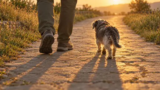 A low foot-level photograph of an adult's lower legs taking one shortened step beside a small elderly dog on a warm stone path; their long evening shadows stretch ahead showing one short human stride beside two overlapping small dog strides, with honey rim light on shoes and coat.
