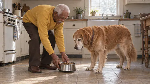 An elderly man with close-cropped white hair and a white moustache bends to set a steel bowl of kibble on a tiled kitchen floor while an old golden retriever with a grey-white muzzle waits beside it, warm window light falling on the floor.