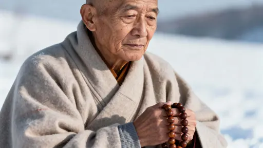 A close, human portrait of an elderly monk smiling gently with prayer beads in hand, detailed natural wrinkles and warm skin tones against a softly blurred snowy background, framed cinematic and emotive within a 16:9 crop.