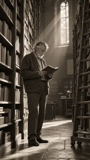 A fictional elderly man in a cardigan reads an open book held close in a narrow aisle between tall wooden bookshelves beside a rolling ladder under a slanted window beam in a platinum palladium print.