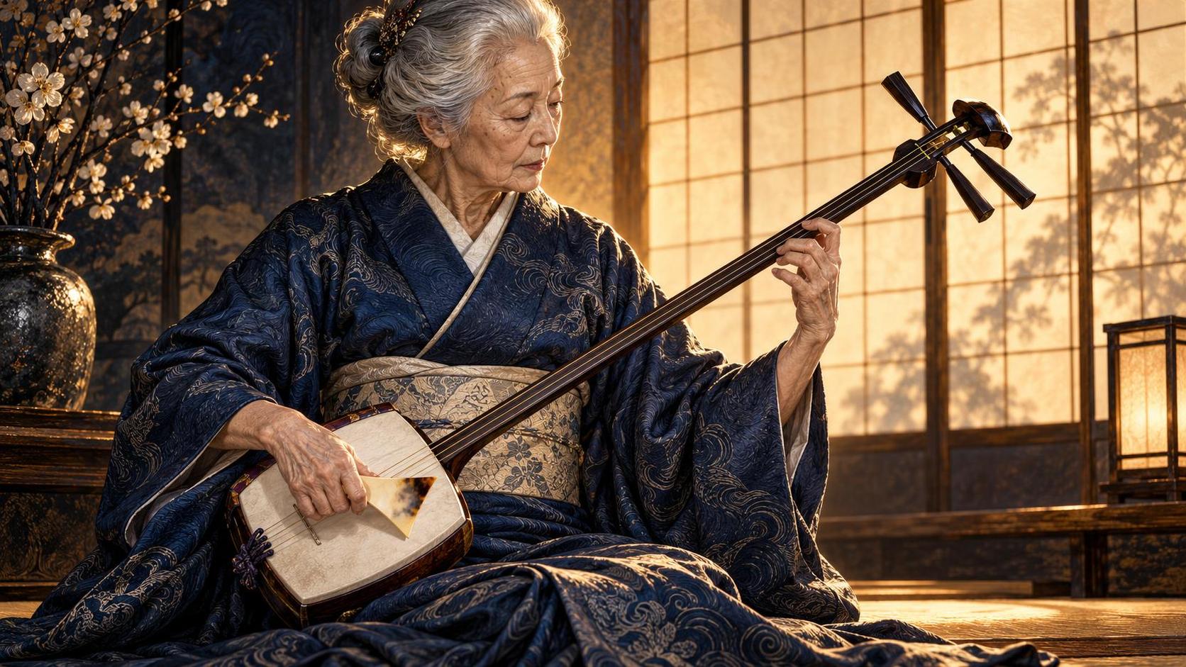 An elderly Japanese woman in a kimono sits with her hands delicately poised over a shamisen with silver hair pinned up and a paper screen glowing behind her.