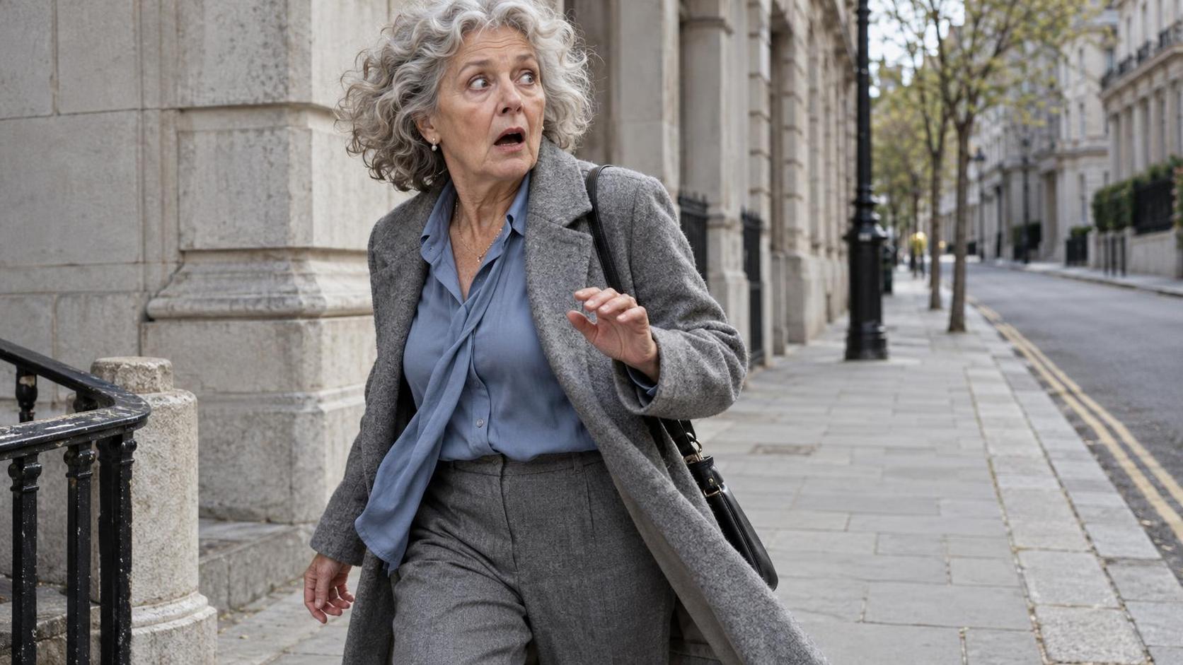 An elderly woman with grey curly hair looking shocked with wide eyes.