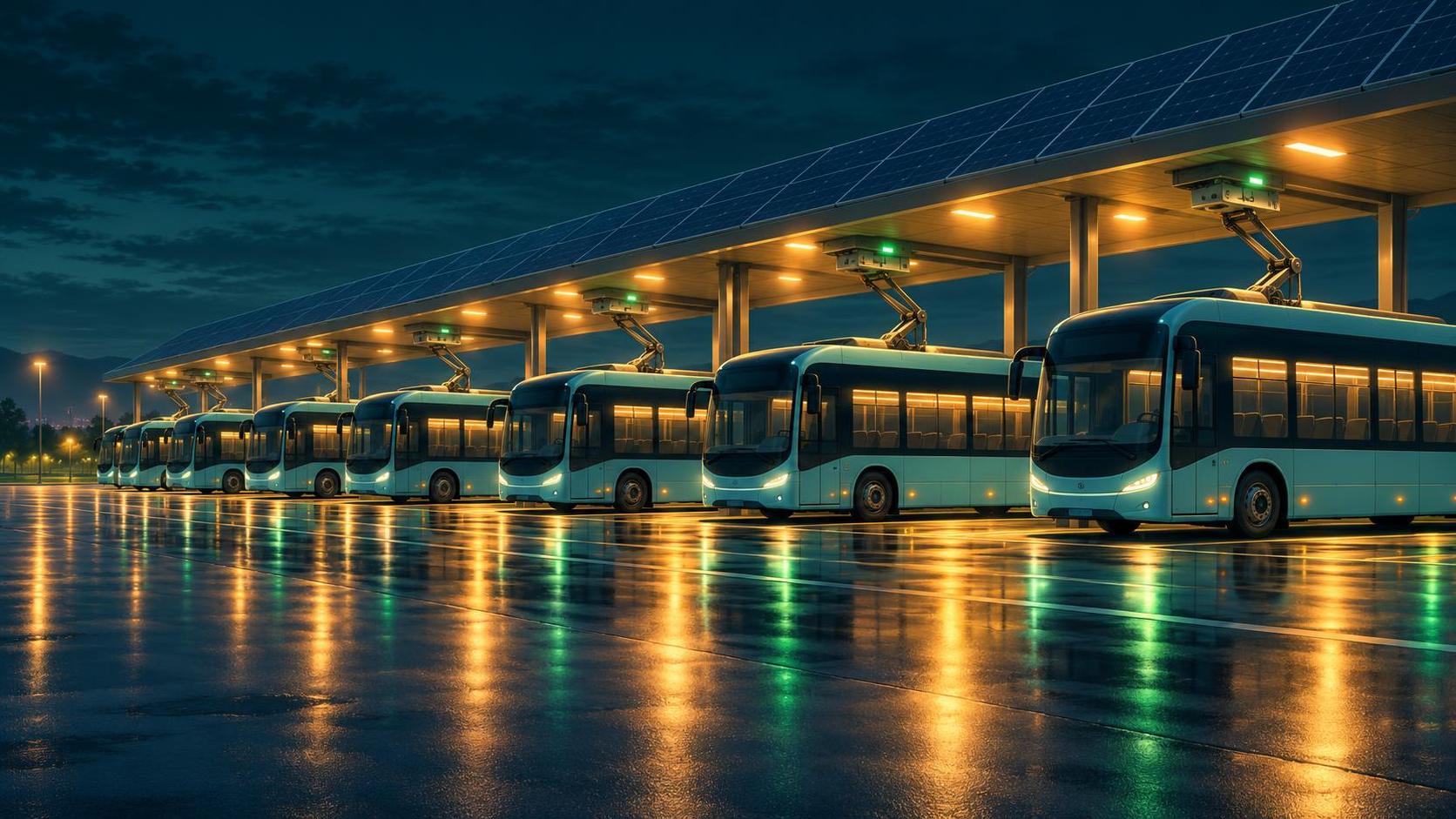 An electric bus charging depot at night with a row of buses under a solar canopy, pantograph chargers lowered onto their roofs, green charge lights and wet reflective tarmac.