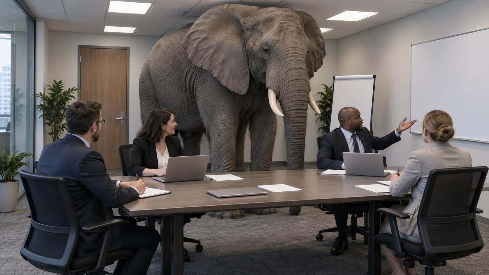 Elephant in the room: a wide eye-level surreal editorial scene of a full-size grey elephant standing between the table and ceiling of a small office conference room while four colleagues deliberately face away and keep meeting, every wall and notepad blank under flat ceiling light.