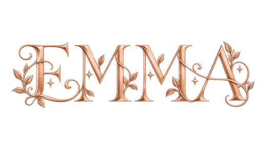 The name EMMA as a rose-gold ornamental monogram with elegant letterforms, decorative swashes, small leaves and stars, on a transparent background.