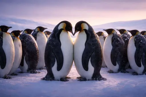 Wide 3:2 physically based 3D render of emperor penguins huddled on an Antarctic ice shelf, two forming a heart with their necks against a lavender sky.