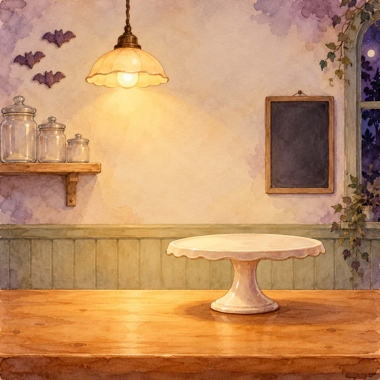 Halloween cake product background in soft watercolor: a plain empty pedestal cake stand waits center-right on a warm wooden counter inside a midnight bakery nook, tiny sugar bats resting on the far wall under a hanging lamp, shelves of plain unlabeled jars to the left, upper wall kept clear as copy space, painted in restrained plum, honey, pistachio and cream.
