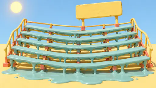 Five tiers of empty polymer clay bleachers with benches that bow like hammocks and bending rails drip into a faded aqua puddle beneath a leaning blank scoreboard in hard sun.