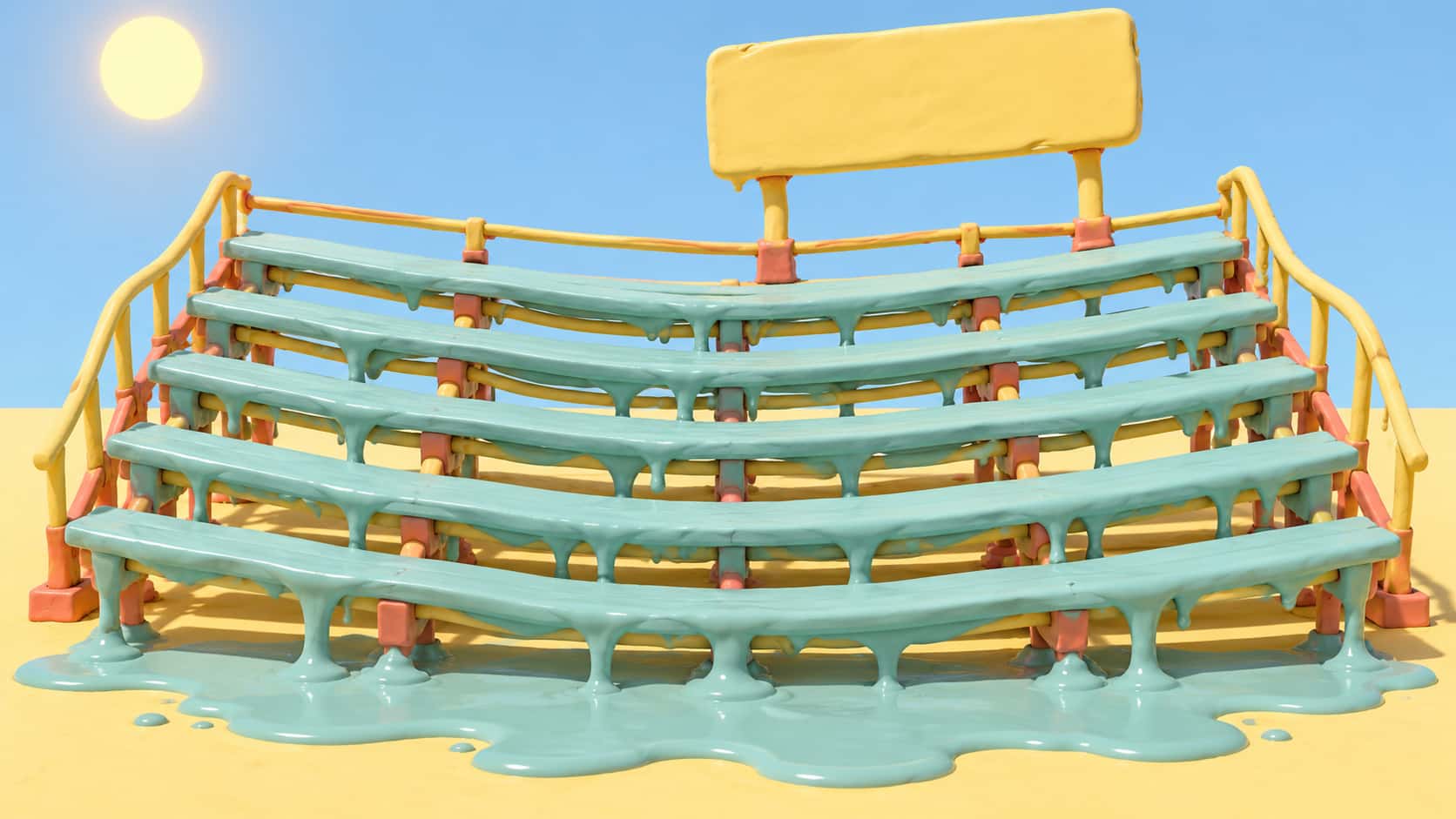 Five tiers of empty polymer clay bleachers with benches that bow like hammocks and bending rails drip into a faded aqua puddle beneath a leaning blank scoreboard in hard sun.