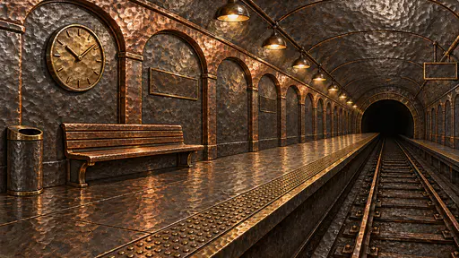 An empty metro platform with a bench, a row of arched wall openings, a plain clock face and a tunnel mouth at the far end in hammered copper and brass.