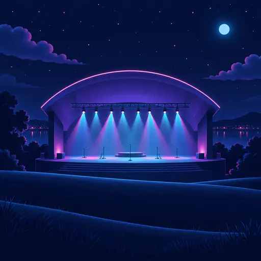 An empty open air concert platform with a curved shell roof, a truss of round spotlights and a drum riser stands above a sloping lawn under a starry night sky.