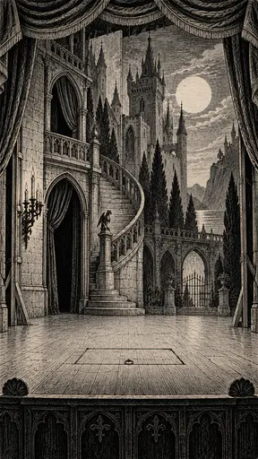 An empty opera stage set shows a moonlit castle courtyard with tall painted flats of towers, a spiral stair to a balcony and a candelabra with the curtain swept back in cross hatched ink.