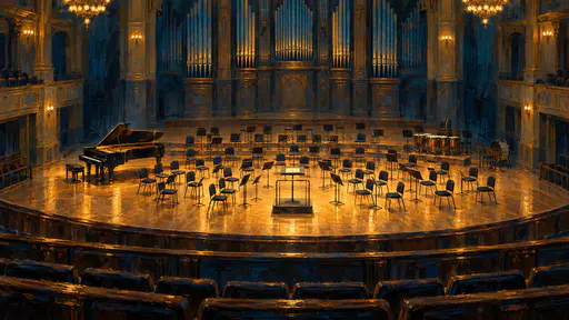 An empty concert hall platform has rows of chairs and music stands in a half circle, a grand piano with its lid raised, a conductor podium and a pipe organ facade behind.