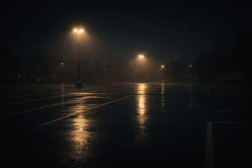Widescreen 3:2 cinematic night shot of an empty, rain-wet parking lot lit by sparse sodium lamps with amber streak reflections across deep blue-black asphalt, calm and lonely.