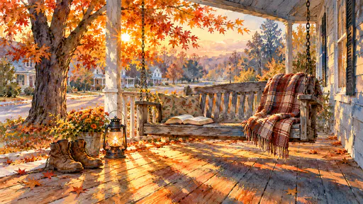 An empty porch swing with a folded blanket and an open shared book sits in warm evening light beside a russet maple in broken impressionist watercolor washes.