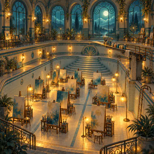 The tiled empty pool of a former swimming baths holds rows of easels and tall blank canvases under moonlit teal arched windows with warm golden lamps and a diving board turned into a paint shelf.