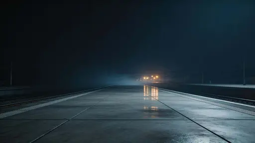 Cinematic 16:9 night photograph of an empty train platform with wet concrete, a long vanishing perspective, soft distant lights reflected in mist, and rich blacks.