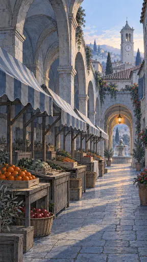 Empty wooden market stalls with striped awnings and stacked fruit crates stand under a stone arcade at dawn with a fountain and a clock tower beyond.