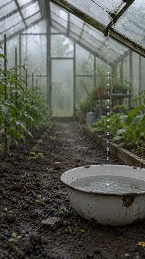 Documentary photograph of a worn white enamel bowl with a chipped rim standing in dark slate soil inside a greenhouse, a single vertical chain of raindrops falling from the cracked roof edge into the bowl's rippling water while plant rows recede into fog green haze.