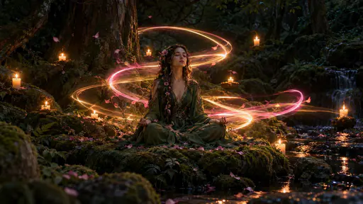 An adult enchantress with flowers in her hair sits cross legged in meditation with her eyes closed surrounded by floating lit candles and drifting petals in a dim sacred grove.