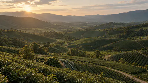 The whole plantation valley lies in long bands of dark green coffee rows divided by paler tracks in golden evening light, low sun raking across the slopes from the opposite ridge.