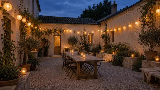Strings of small glowing paper lanterns run along all four plaster walls of a courtyard with a few candle jars on a long table and raised bed edges under a deep blue dusk sky in blue and amber light.