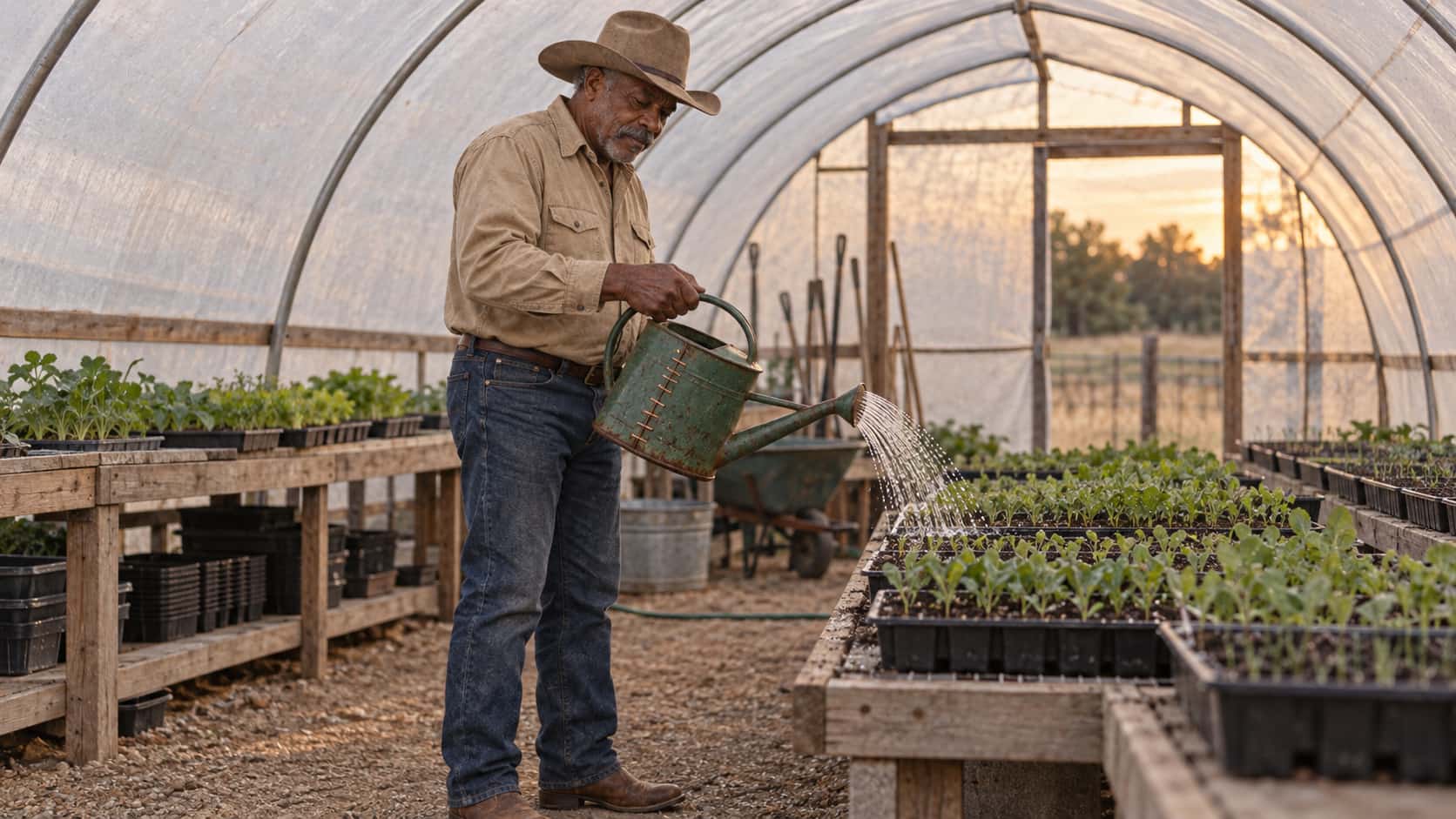 A Black cowboy in his early sixties with a thick grey moustache and felt hat tips a battered green enamel watering can with copper staple stitches with both hands along a row of plain seedling trays inside a ranch hoop house in warm evening light.