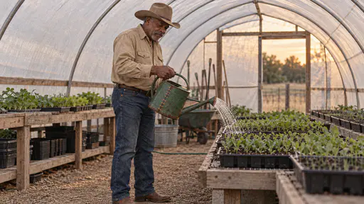 A Black cowboy in his early sixties with a thick grey moustache and felt hat tips a battered green enamel watering can with copper staple stitches with both hands along a row of plain seedling trays inside a ranch hoop house in warm evening light.
