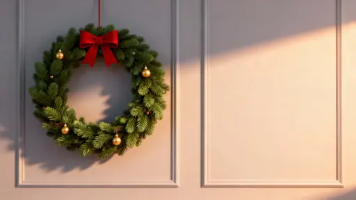 A lush 3D evergreen wreath with rounded stylized needles and a simple red ribbon bow hangs left on a very light warm gray paneled wall, accented by a few golden baubles and soft warm right-side light.