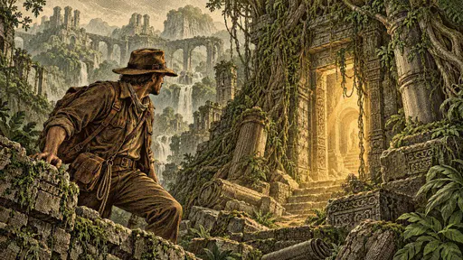 An intrepid adult explorer in a field jacket and hat stands at the edge of an ancient overgrown ruin discovering a hidden stone doorway glowing with soft light between vines and fallen columns.