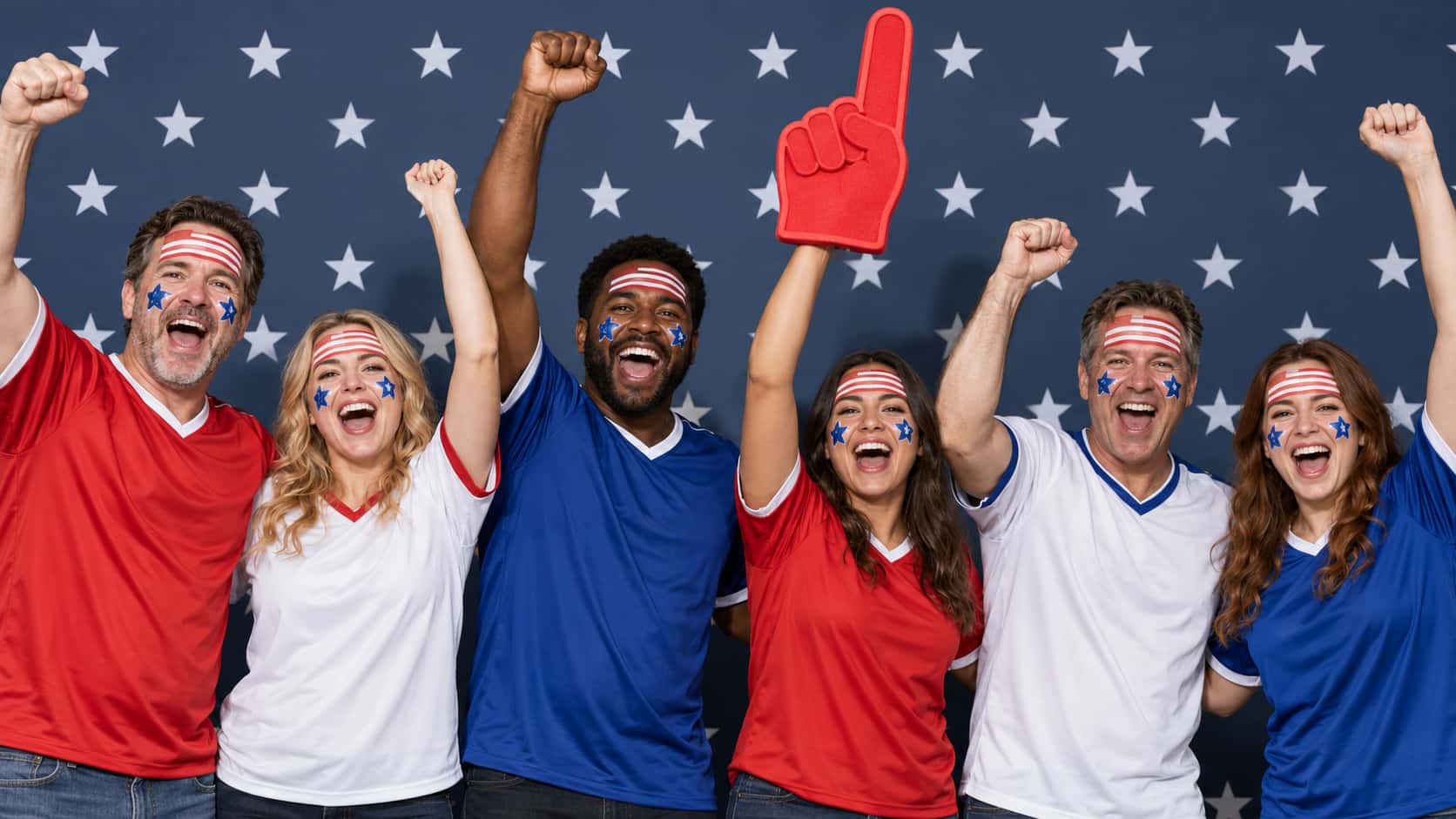 Row of adult fans wearing flag face paint with starry cheeks and stripe foreheads cheering.