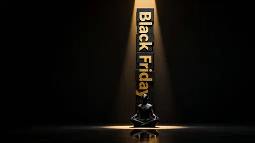 A small matte-black faceless figure sits cross-legged centered low before a towering vertical monolith spelling Black Friday in fused matte-black letters with brushed-gold fronts, illuminated by a narrow warm beam from above and surrounded,