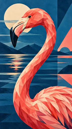 A flamingo with a long curved neck and coral pink plumage rises through a tall frame in angular geometric deco planes against a deep blue ground.
