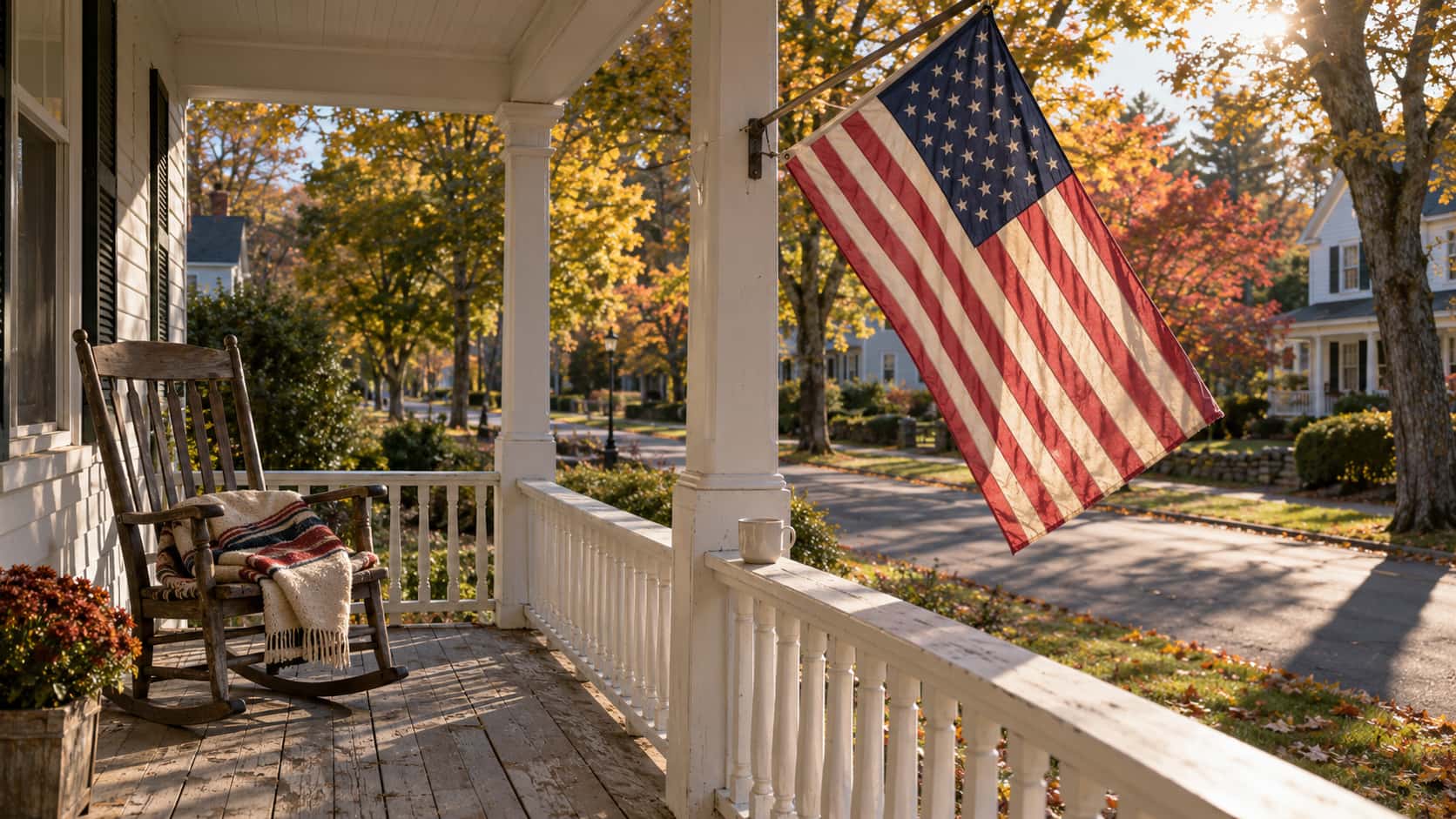 A faded American flag hangs from a bracket on a white clapboard porch post above an empty wooden rocking chair with a folded blanket and a cup on the rail in a slide film photograph.