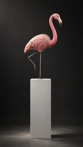 A sun faded pink plastic lawn flamingo with a bent leg stands on a tall white museum pedestal under formal light against a deep charcoal wall in a studio photograph.