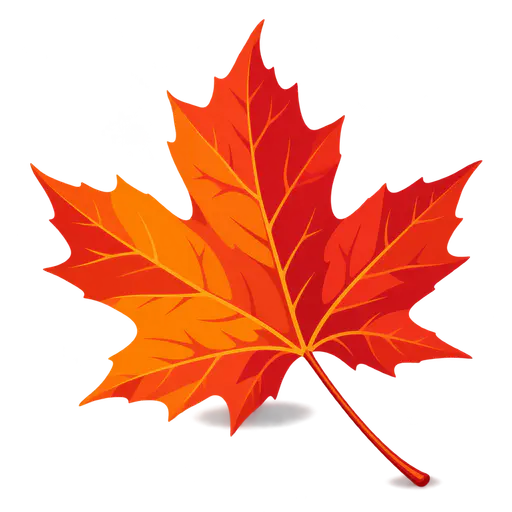 A single fallen maple leaf in orange and red with five pointed lobes, visible veins and its long stem intact, on a transparent background.