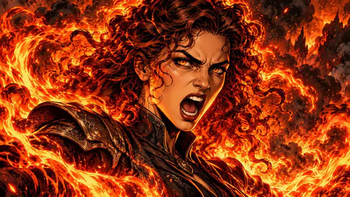 A fantasy portrait of a woman with curly hair surrounded by swirling flames and smoke.