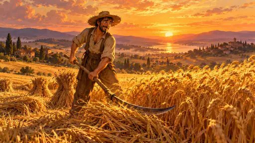 A farmer harvests crops with a scythe in a wide golden wheat field at sunset with waves of golden grain rippling around and long shadows under a warm orange sun.