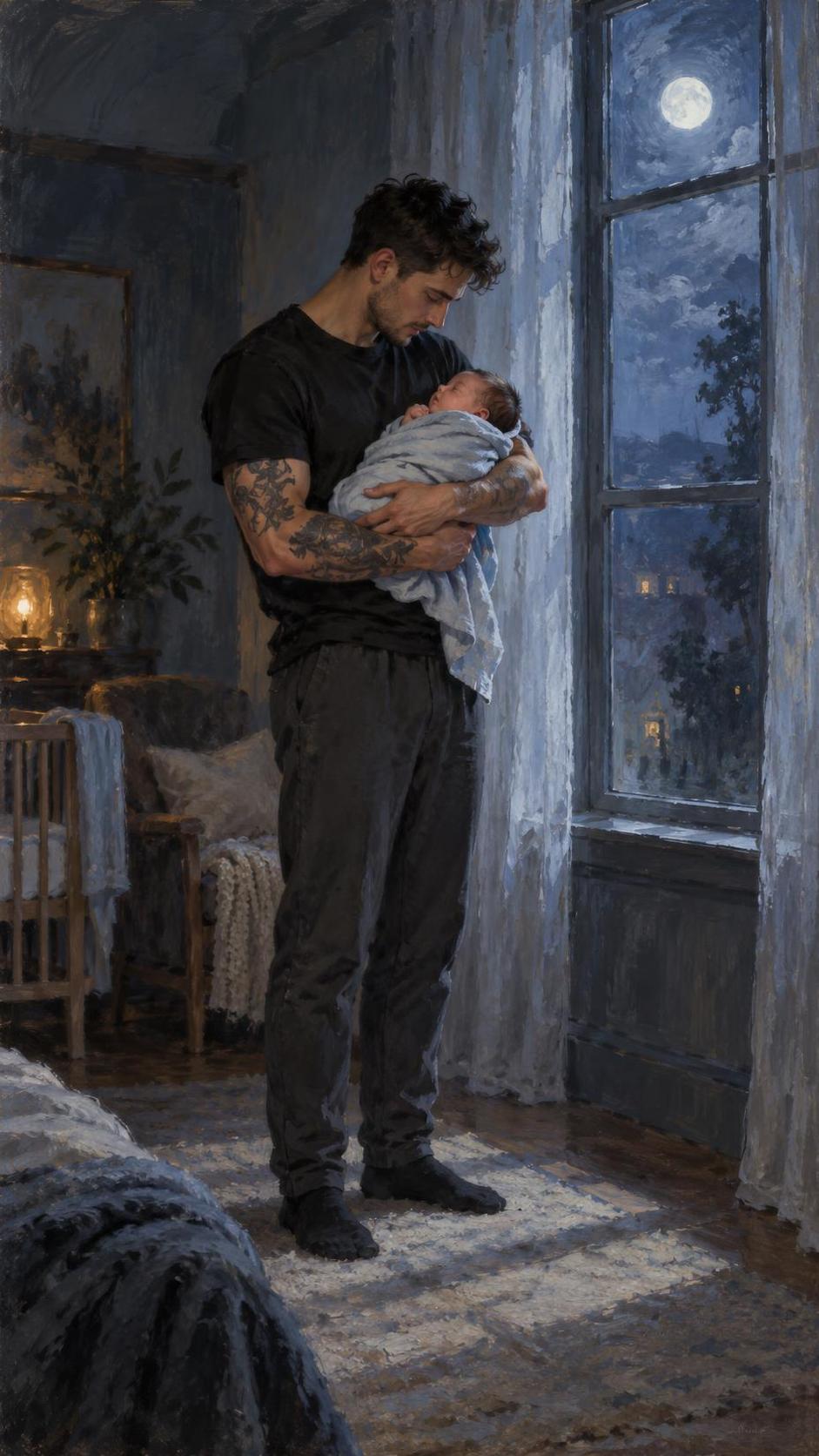 A young tattooed father stands by a moonlit window holding his swaddled newborn with his head bowed in love in a hushed room.
