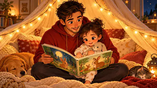 A young father in a red hoodie reads a picture book to his toddler on his lap inside a cozy blanket tent lit by warm fairy lights.