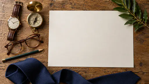 A wide overhead view of a worn oak workbench with a leather strap watch, a brass compass, round tortoiseshell glasses and a pencil along the left side, a navy necktie along the bottom, a sprig of green leaves at the top right and a large blank sheet of cream paper in the middle.
