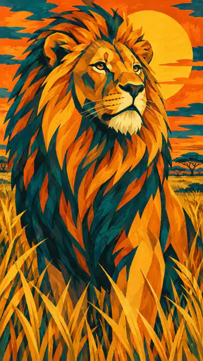 A male lion with a full thick mane stands in golden savanna grass and looks calmly into the distance with a warm sun low behind him.