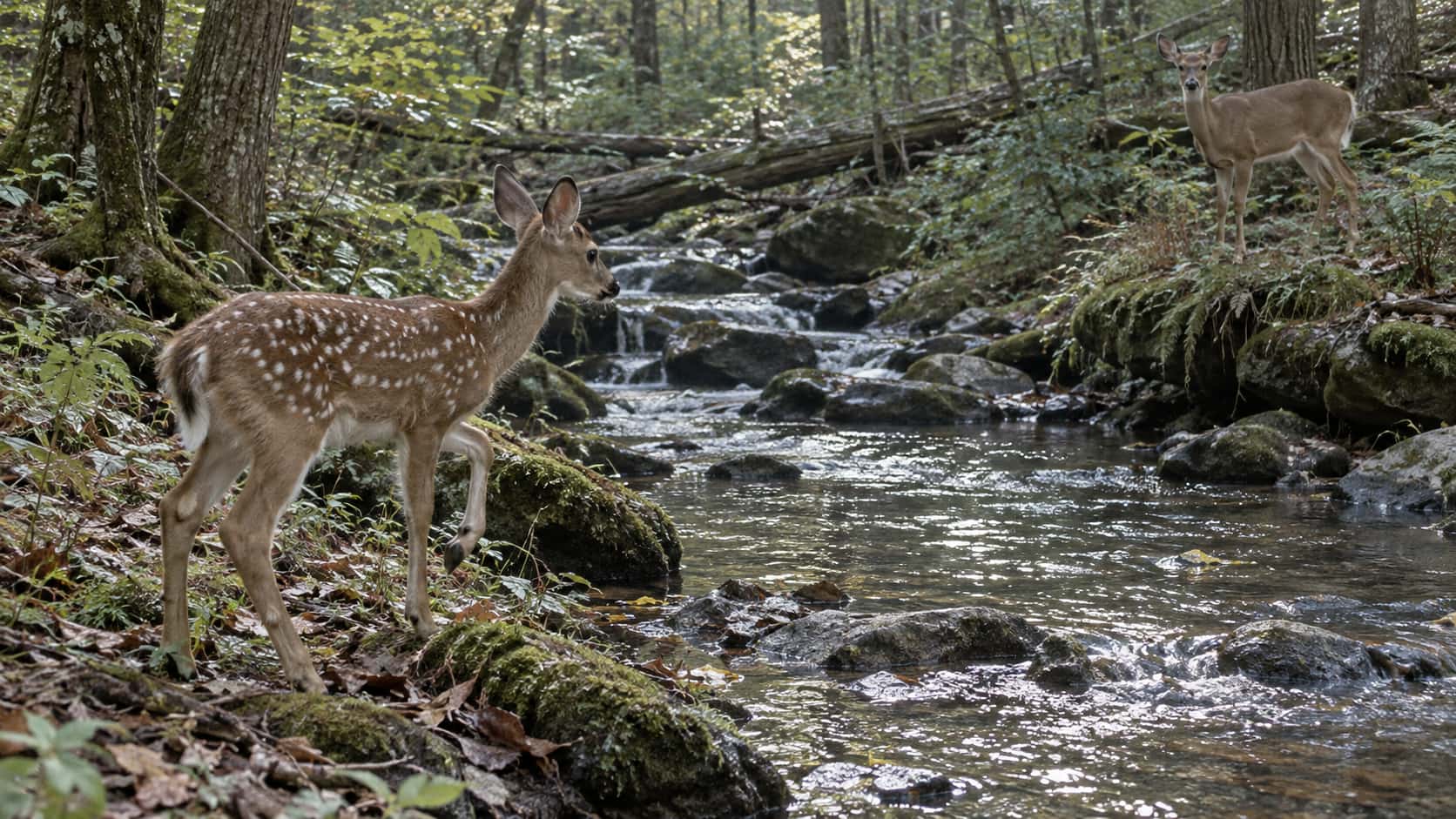At a small forest stream in late-afternoon light a young deer fawn stands at the bank with one front hoof lifted and its ears forward hesitating to cross while the doe waits calmly on the far bank with dappled light on the water.