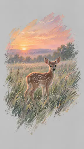 Soft chalk-pastel slice of a fawn standing still in a dawn meadow of rose and apricot light, dissolving into powdery strokes on a pale dove-grey field.