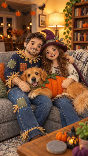 A felt doll couple dressed as a witch and a scarecrow sit on a sofa with a golden retriever wearing a pumpkin costume among paper bats and a pumpkin garland.