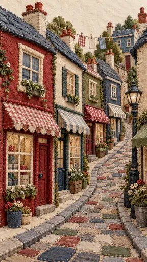 A narrow main street of felt storefronts with scalloped awnings cut from scrap fabric has a ribbon sidewalk, a button lamppost and a thread clothesline in blanket stitched felt.