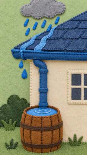 A felt appliqué on a green felt ground: a grey cloud and raindrops over a slate-blue roof, two streams running into a blue gutter, a downpipe down a cream wall into a stitched wooden rain barrel, with a window and shrubs.