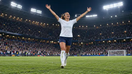 An adult female athlete in a jersey raises both arms in joyful victory on a football pitch under bright stadium floodlights at night with a roaring crowd blurred behind her.