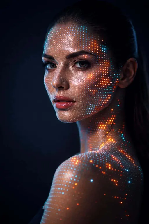 Close-up portrait photograph of a woman with LED-like pixel mapping across face and neck, shot for a dramatic poster or wallpaper with exacting composition fidelity.