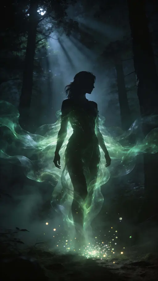 A cinematic fantasy of a female silhouette standing in a shadowy night forest, her body wrapped in translucent green mist and an expanding spirit aura with glowing particles.